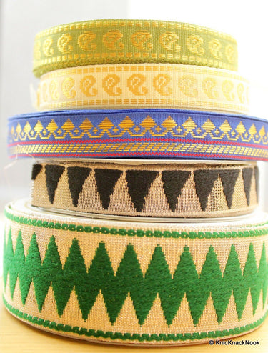 Wholesale Jacquard Weave Green And Gold Silk Embroidery 9 Yards Lace Trim 15mm Wide, Costume Trim, Giftwrapping Ribbon